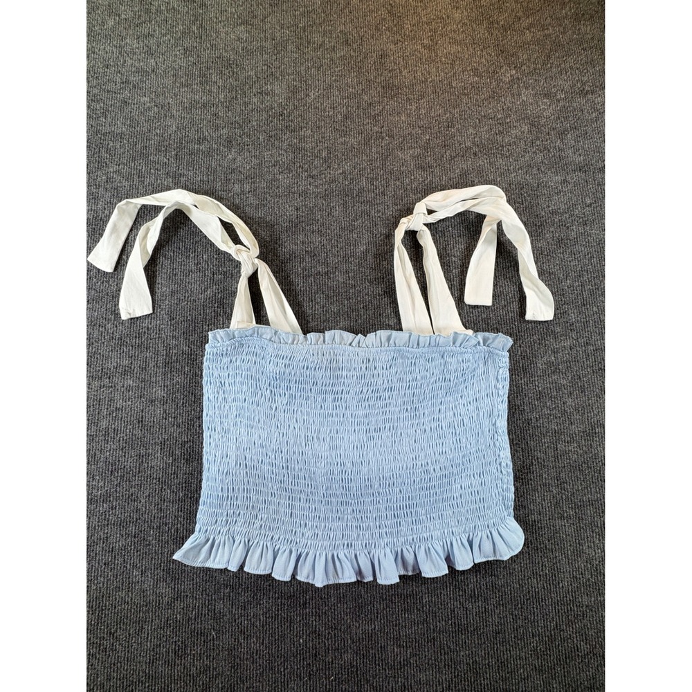 TCEC Womens Smocked Ruffle Crop‎ Top Light Blue White Tie Strap Size Large 2686